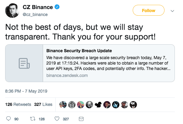 Tweet do CEO da Binance falando sobre o ataque hacker