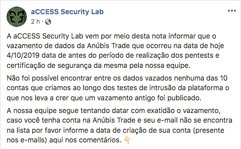 Nota sobre vazamento de dados na Anubis