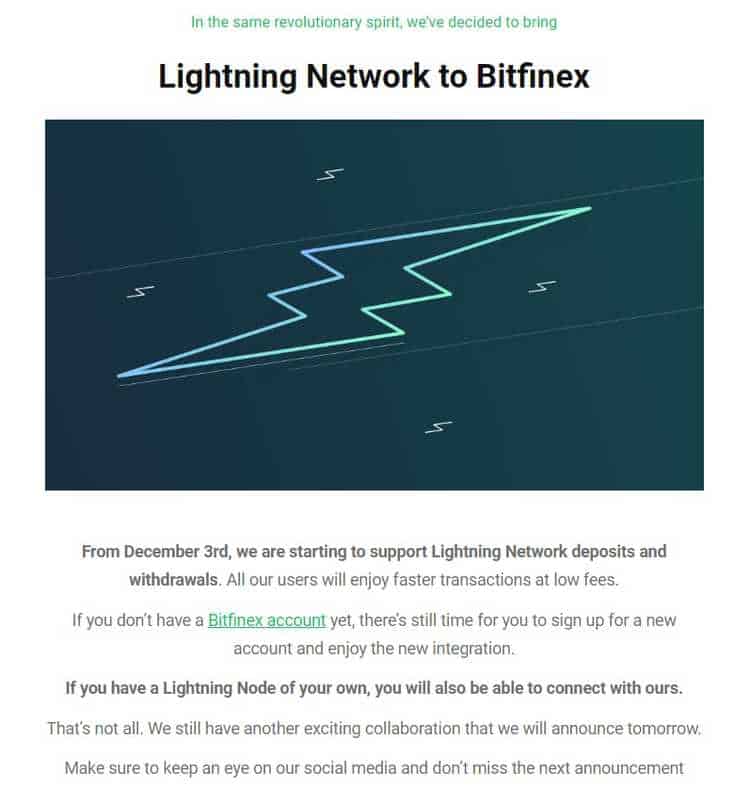 exchange Bitfinex anunciou a adoção de mais uma tecnologia ligada ao Bitcoin, a Lightning Network.