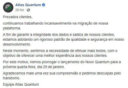 comunicado da Atlas sobre a nova data de retorno