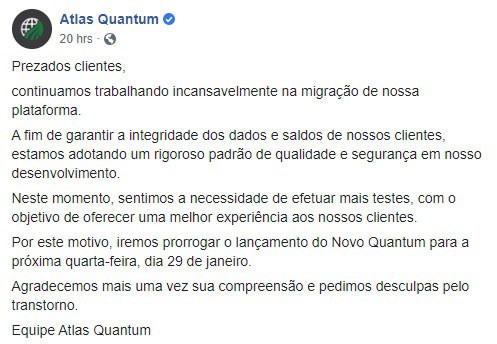 comunicado da Atlas sobre a nova data de retorno