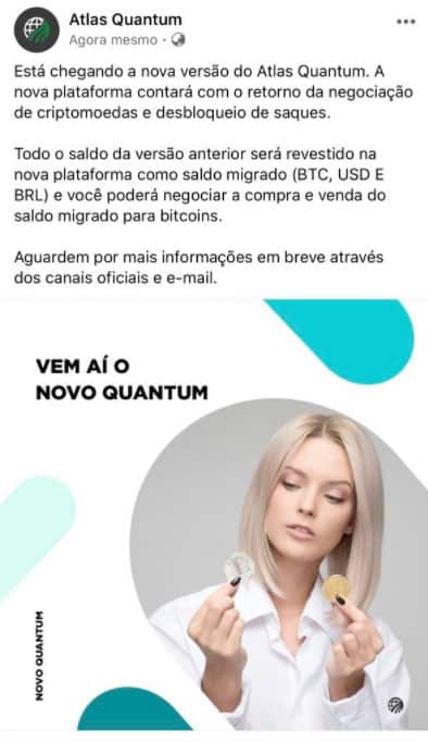 Comunicado da Atlas Quantum nas redes sociais 