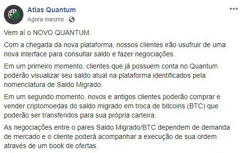 Comunicado da Atlas sobre sua nova plataforma Novo Quantum