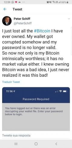 Peter Schiff afirmou, em sua conta no Twitter, que perdeu o acesso à sua carteira Bitcoin