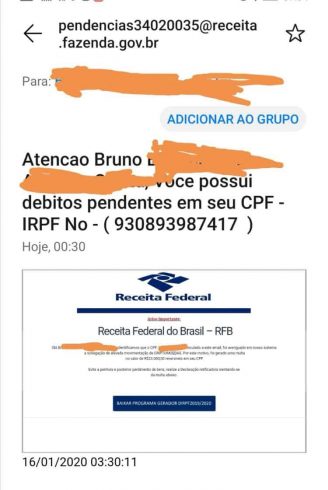 Em um novo phishing que começou a ser encaminhado por email nesta quinta-feira, 16 de janeiro