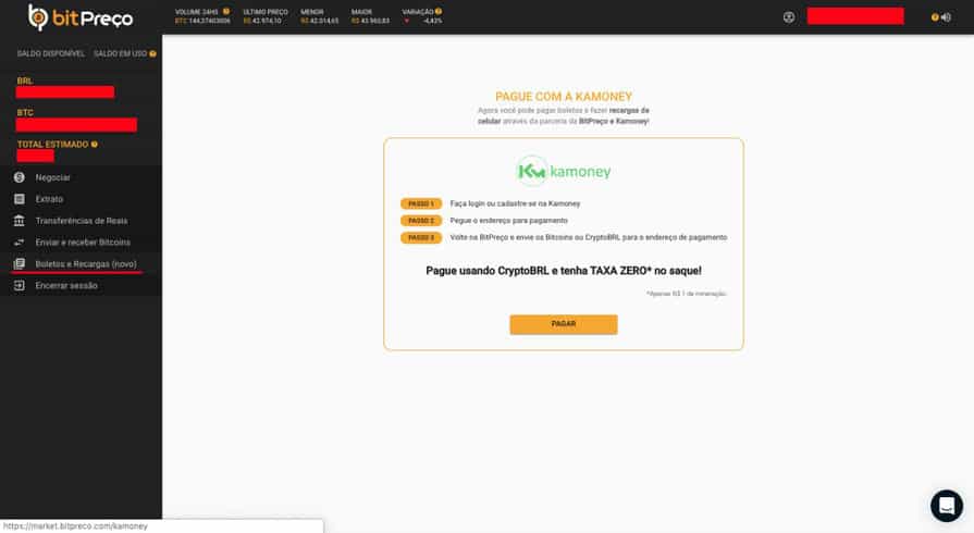 A opção "Boletos e recargas" já está disponível na plataforma da BitPreço, na barra lateral de opções