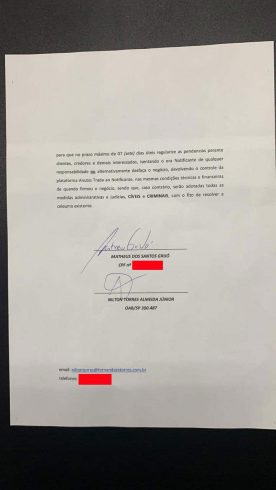 notificação e as assinaturas de Matheus Grijó e seu advogado