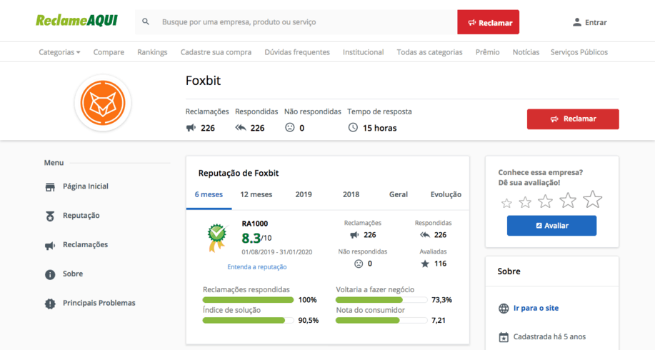 Página da FoxBit no Reclame Aqui já exibe o selo RA1000