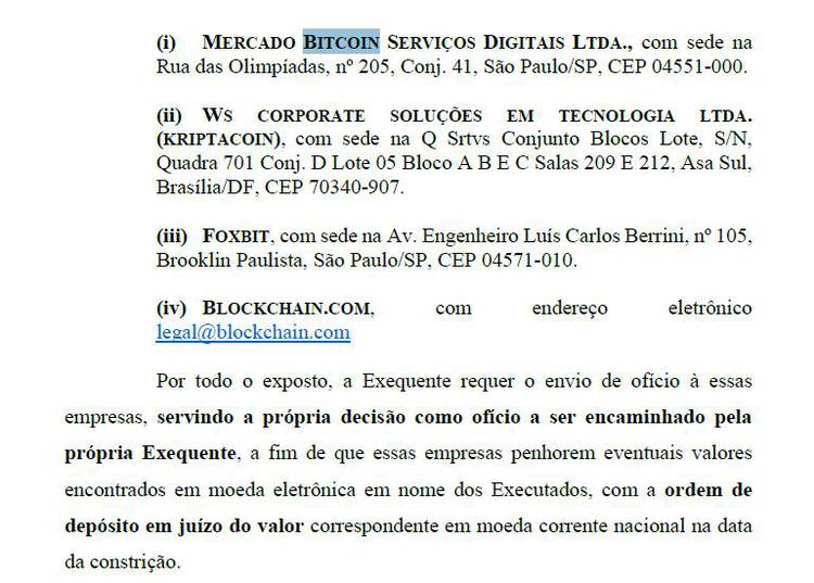 ofícios para as empresas mercado bitcoin, foxbit, blockchain.com