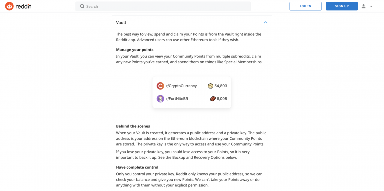 Reddit lançou uma página com o intuito de ensinar sobre a plataforma. O serviço "Vault", no qual serão gerenciados os tokens, também foi anunciado