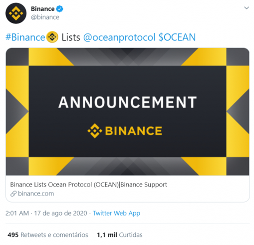 Binance lista OCEAN na plataforma