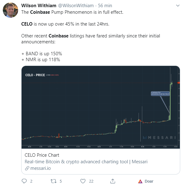 Comentário sobre a listagem do CELO na Coinbase