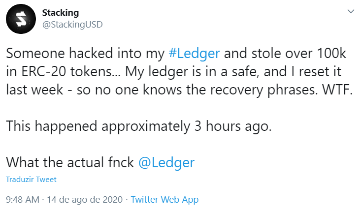 Investidor relata hack da sua Ledger no Twitter