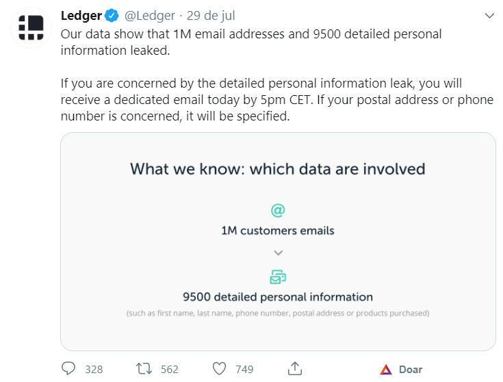 Ledger se manifesta sobre o vazamento de dados