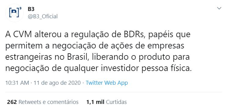 Tweet da B3 Bovespa sobre a liberação da CVM