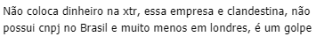 Mensagem enviada por um cliente da XTR