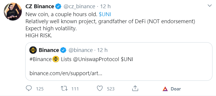 CEO da Binance fala sobre o Token da Uniswap