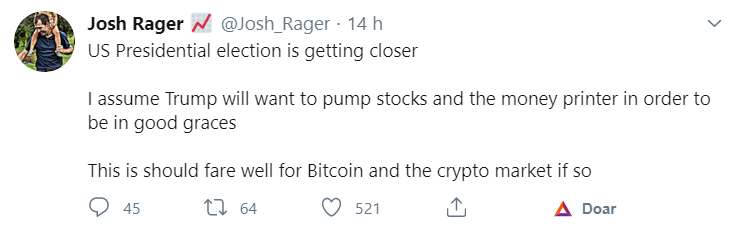 Tuíte de Josh Rager sobre Trump e o BTC