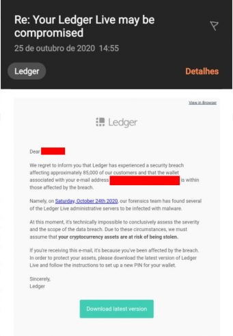 E-mail de phishing da Ledger