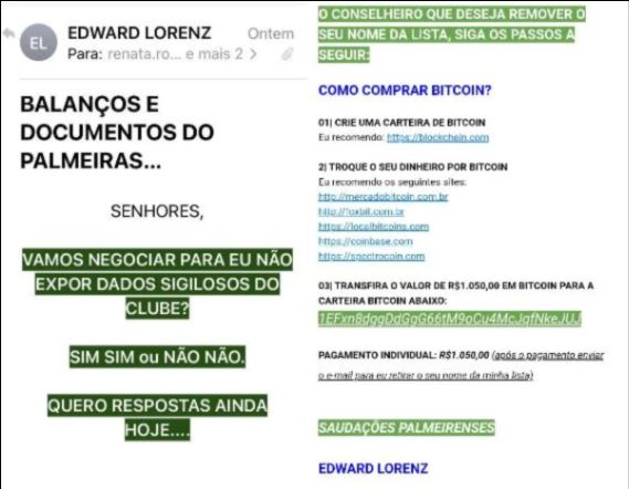 E-mail enviado aos conselheiros do Palmeiras pedindo BTC