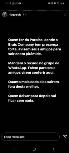 Alerta de Tiago Reis sobre a Braiscompany.