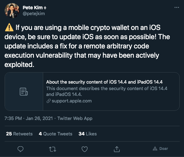 Desenvolvedor da Coinbase alerta para riscos de iOS desatualizado