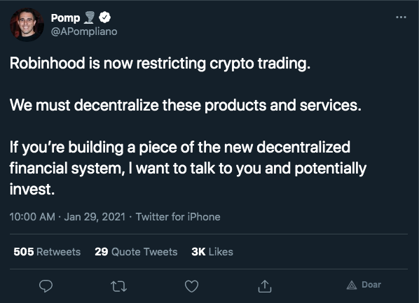 Pompliano critica decisão da Robinhood – de novo