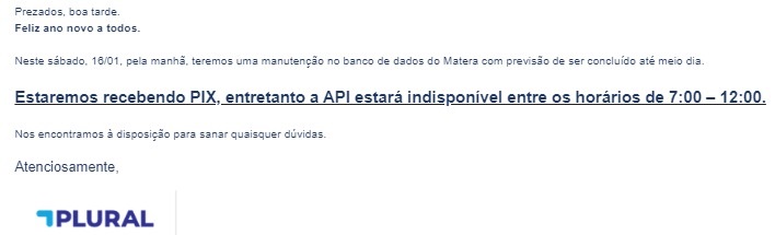 Captura de tela de aviso enviado pelo Banco Plural aos clientes nesta sexta-feira (15)