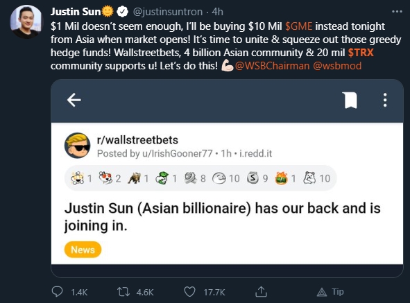 Justin Sun anuncia suposta compra de US$ 10 milhões em ações da GameStop