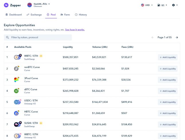 Plataforma Zapper listando os pools de liquidez