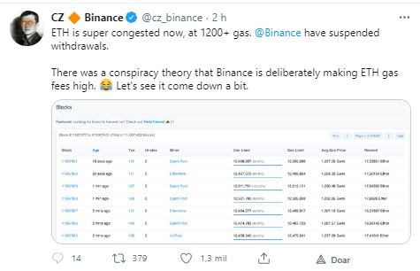 Binance suspende retiradas. Fonte: CZ/Twitter