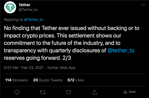 Tether comemora decisão e reforça compromisso com a transparência. Fonte: Tether/Twitter.