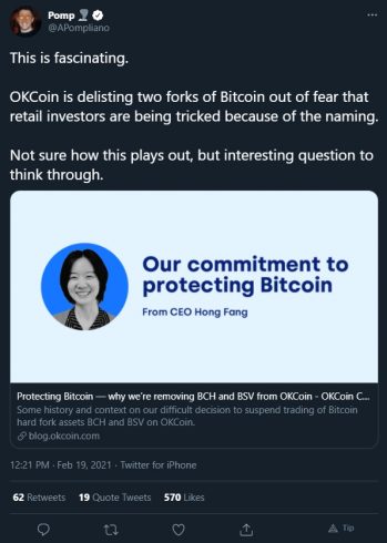 Anthony Pompliano fala sobre decisão da OKCoin. Fonte: Anthony Pompliano/Twitter