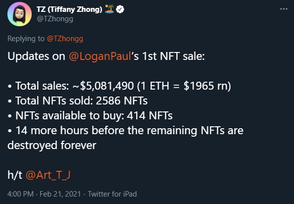 Tiffany Zhong fala sobre as vendas de NFT feitas por Logan Paul. Fonte: Tiffany Zhong/Twitter