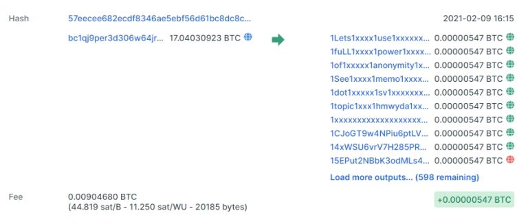 Transação típica de dusting attack. Fonte: Blockchain.info