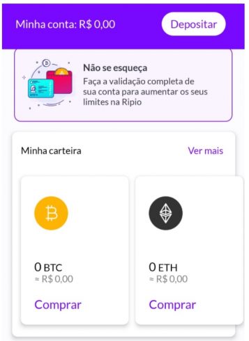 Depósito e compra de Bitcoin no aplicativo