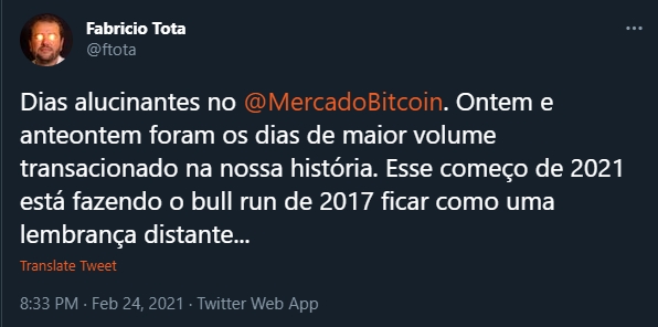 Fabrício Tota fala sobre volumes do Mercado Bitcoin. Fonte: Fabrício Tota/Twitter