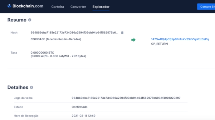 Informações de uma transação de Bitcoin na blockchain