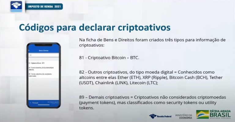 Novos códigos para declarar criptomoedas. Fonte: Receita Federal/YouTube