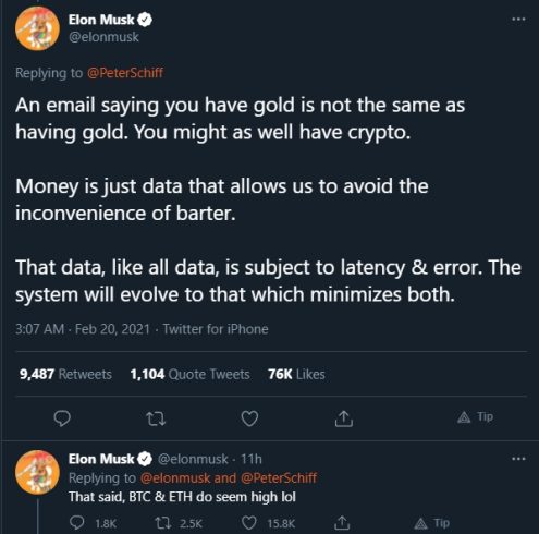 Elon Musk disse que BTC e ETH estão altos. Fonte: Elon Musk/Twitter