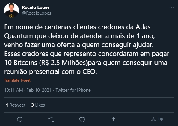 Rocelo Lopes fala em nome de credores da Atlas Quantum