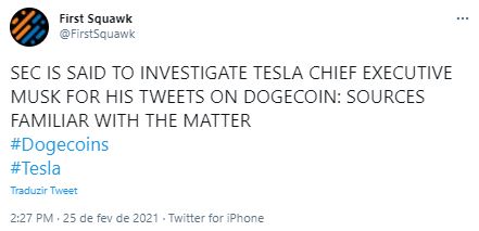 SEC estaria investigando Musk. Fonte: Firsts Quawk/Twitter