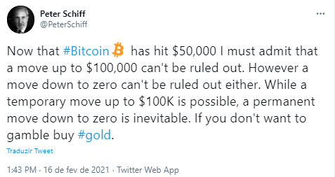 Schiff: Bitcoin pode chegar a US$ 100 mil