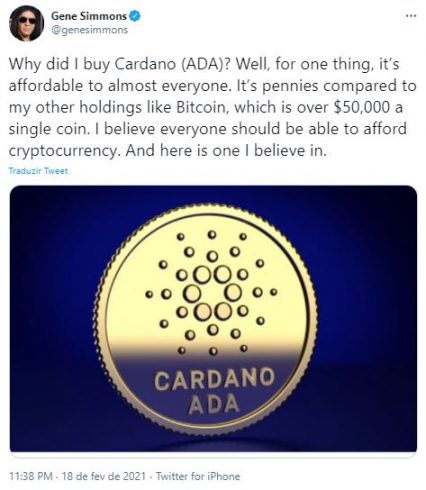 Baixista explica por que comprou Cardano. Fonte: Gene Simmons/Twitter