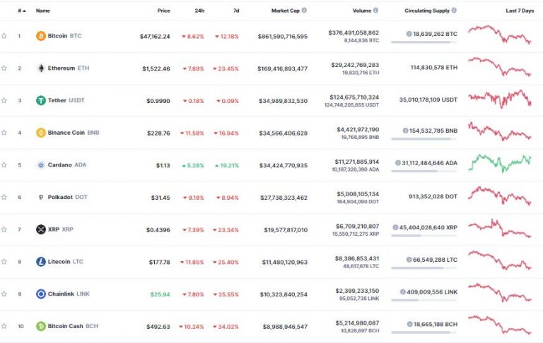 Apenas Cardano sobe enquanto mercado corrige. Fonte: CoinMarketCap