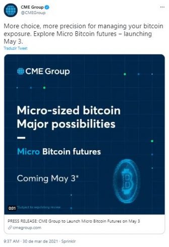 CME anuncia micro futuro de Bitcoin. CME/Twitter