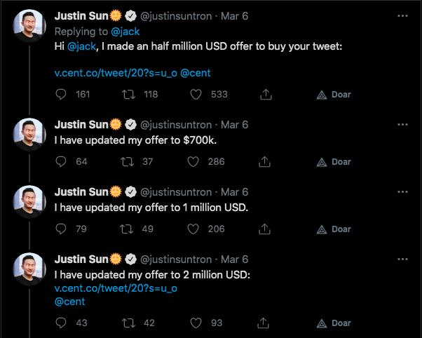 CEO da Tron faz oferta milionária por mensagem de Dorsey. Fonte: Justin Sun/Twitter