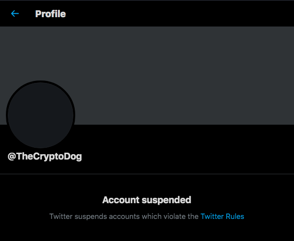 Perfil amanheceu suspenso pelo Twitter. Fonte: The Crypto Dog/Twitter