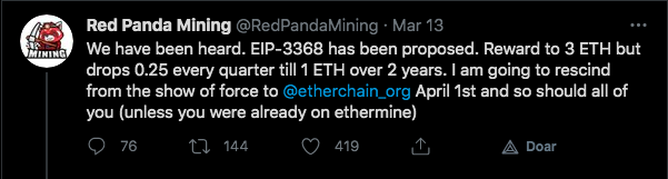 Minerador deu seu apoio prévio caso a proposta seja votada. Fonte: Red Panda Mining/Twitter