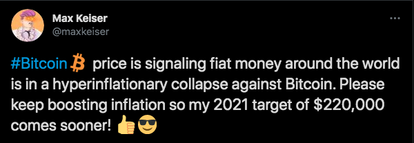 Max Keiser prevê Bitcoin a US$ 220 mil com alta inflação. Fonte: Twitter